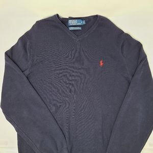 Polo Ralph Lauren V Neck Sweater Pima Cotton Blue Red Pony Pullover size Large